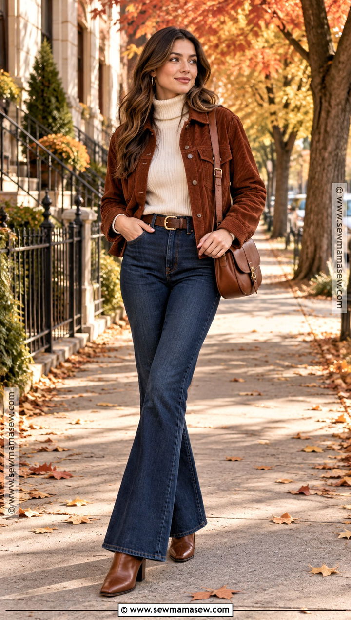 Brown Corduroy Jacket With Flared Jeans - 20 fall outfits brown jacket