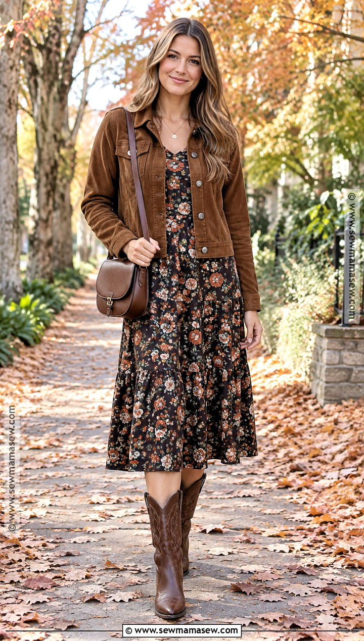 Brown Corduroy Jacket With Floral Midi Dress And Boots - 15 brown corduroy jacket fall fashion ideas