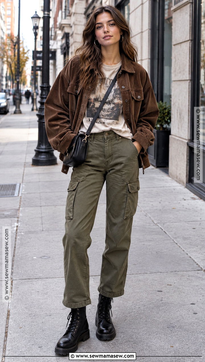 Brown Corduroy Jacket With Graphic T Shirt And Cargo Pants - 15 brown corduroy jacket fall fashion ideas