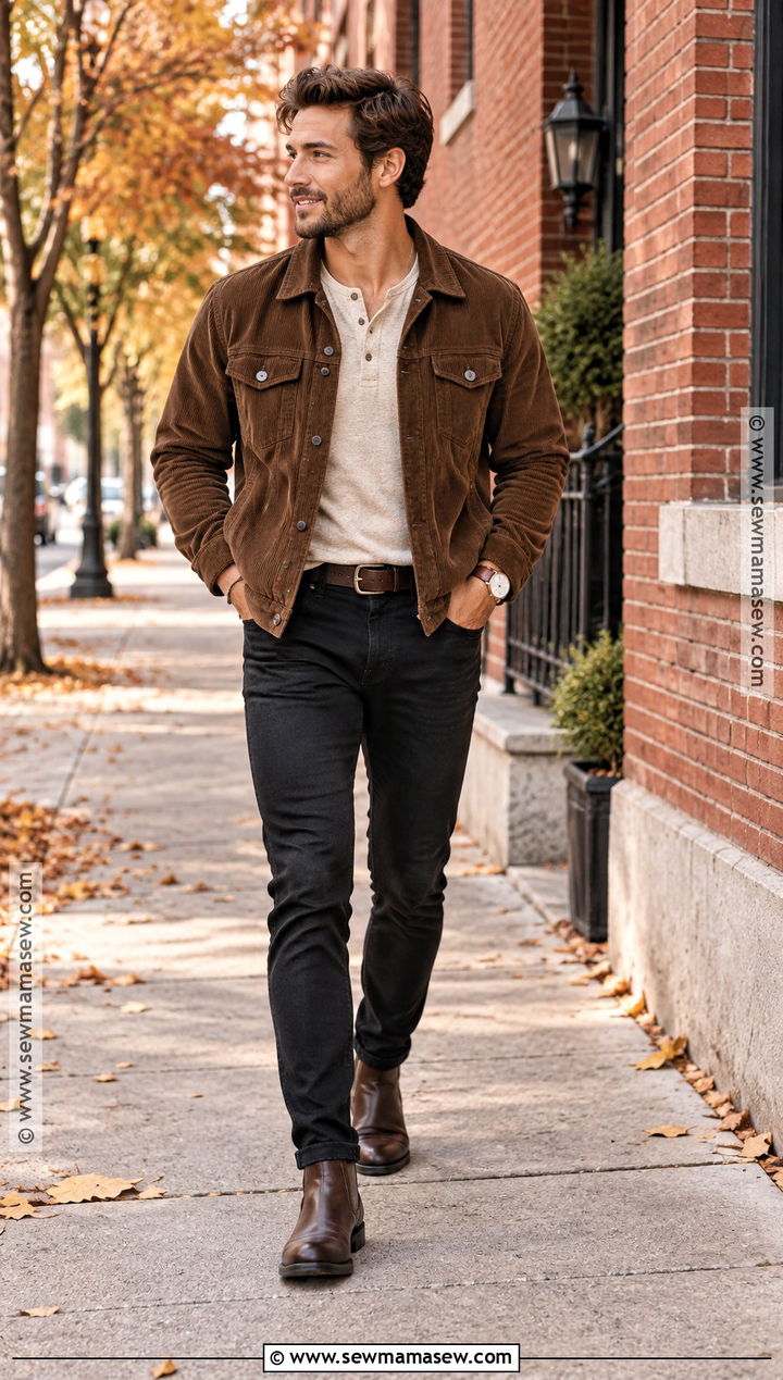 Brown Corduroy Jacket With Henley And Black Jeans - 15 engagement photos outfits men fall