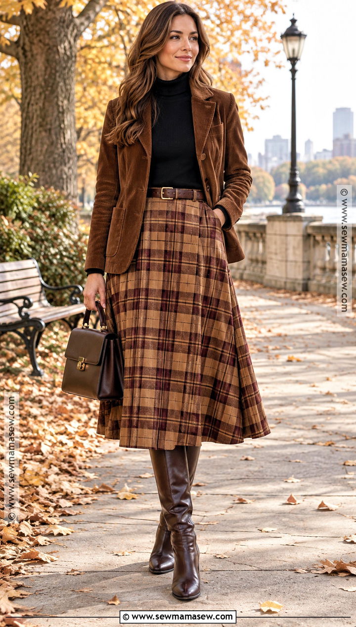 Brown Corduroy Jacket With Plaid Midi Skirt And Knee High Boots - 15 brown corduroy jacket fall fashion ideas