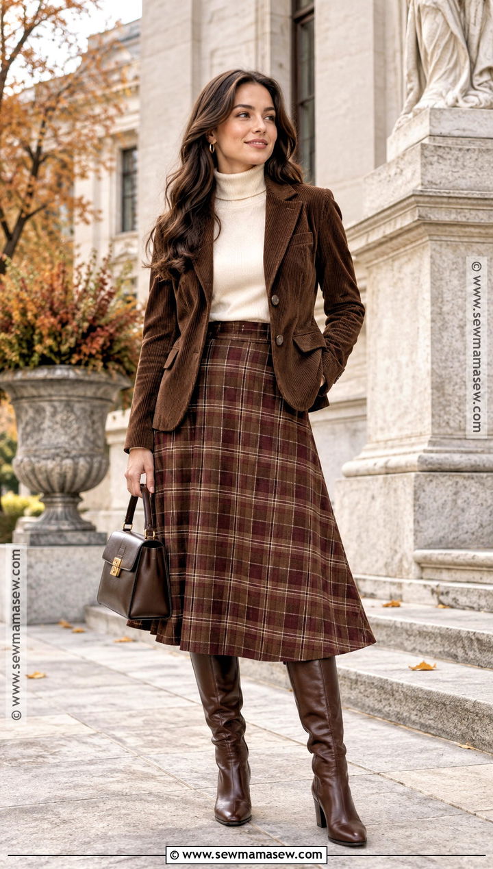 Brown Corduroy Jacket With Plaid Skirt - 20 brown fall jacket ideas