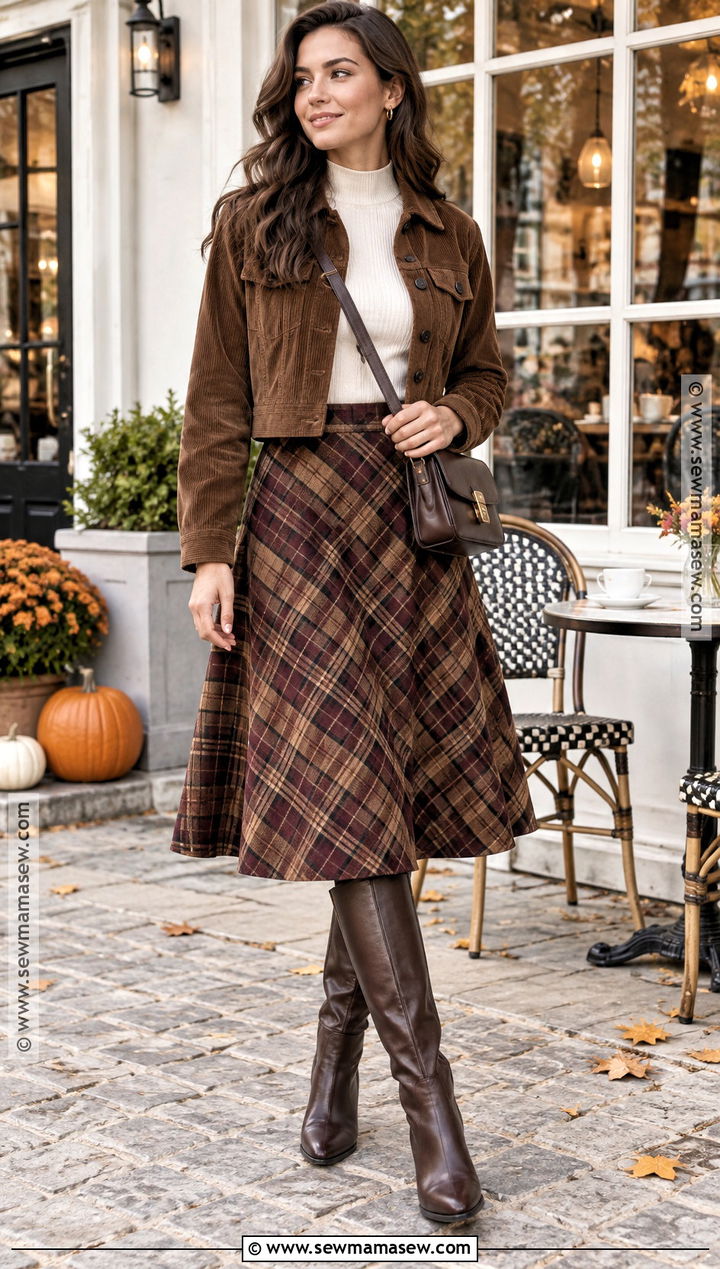 Brown Corduroy Jacket With Plaid Skirt - 15 brown fall jacket outfit ideas