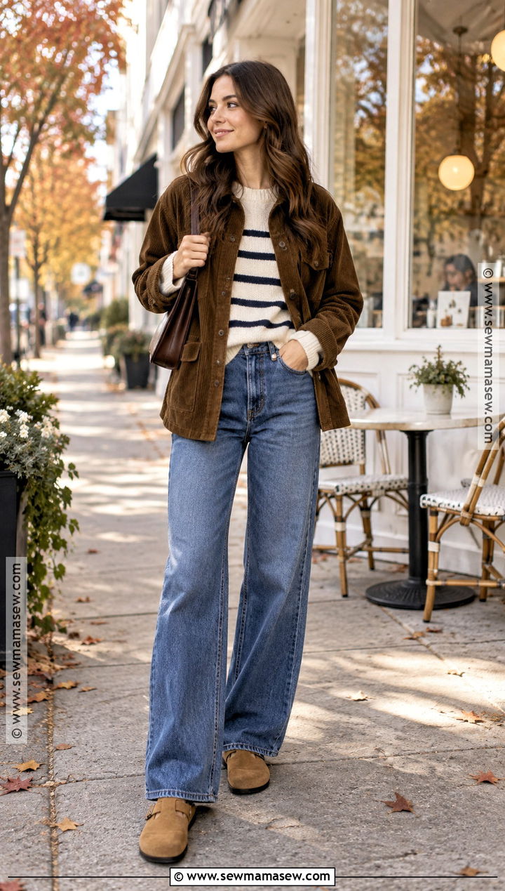 Brown Corduroy Jacket With Striped Sweater And Wide Leg Jeans - 15 brown corduroy jacket fall fashion ideas