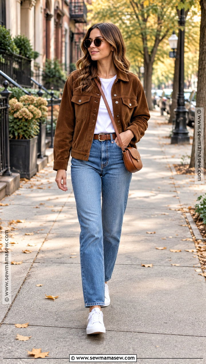 Brown Corduroy Jacket With White T Shirt And Straight Leg Jeans - 15 brown corduroy jacket fall fashion ideas