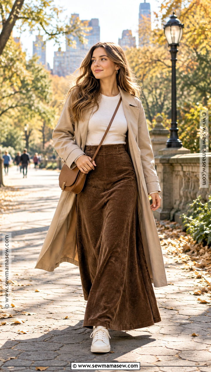 Brown Corduroy Maxi Skirt With Fitted Tee And Trench Coat - 25 corduroy skirt outfit fall ideas