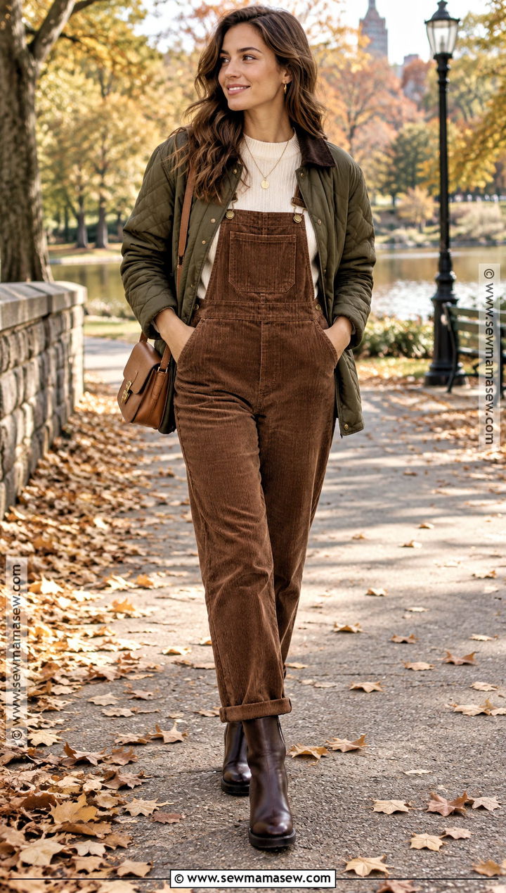 Brown Corduroy Overalls With Cream Sweater And Ankle Boots - 15 Cute Fall Outfits Overalls
