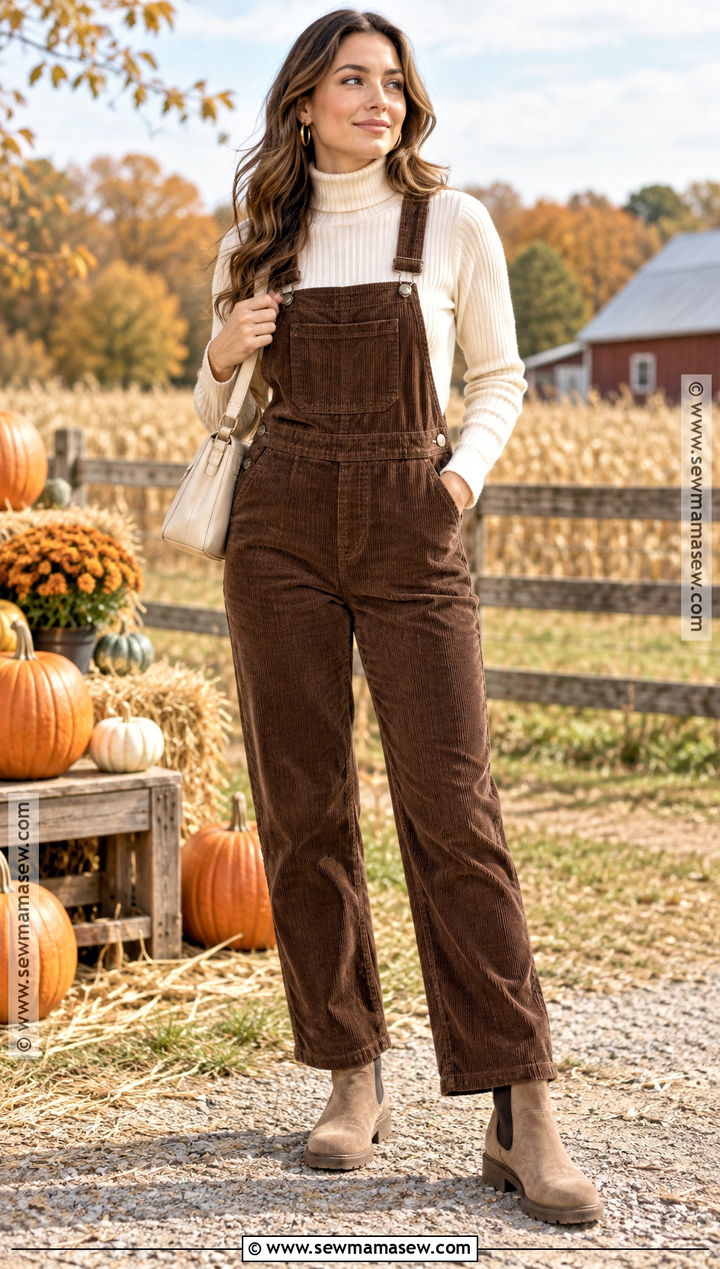 Brown Corduroy Overalls With Ivory Turtleneck And Boots - 20 Pumpkin Patch Outfit Overalls