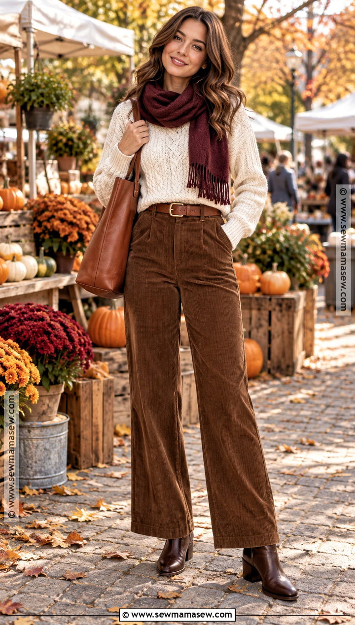Brown Corduroy Pants And Cream Sweater Outfit - 25 brown autumn outfit ideas