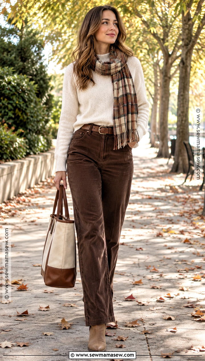 Brown Corduroy Pants With Cream Sweater - 20 fall brown outfits