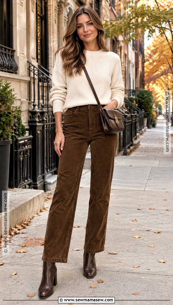 Brown Corduroy Pants With Cream Sweater And Ankle Boots - 20 Cordoury Pants Outfits Fall