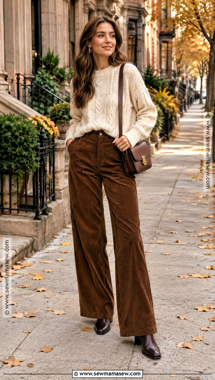 Brown Corduroy Pants With Cream Sweater - 15 fall outfit corduroy pants