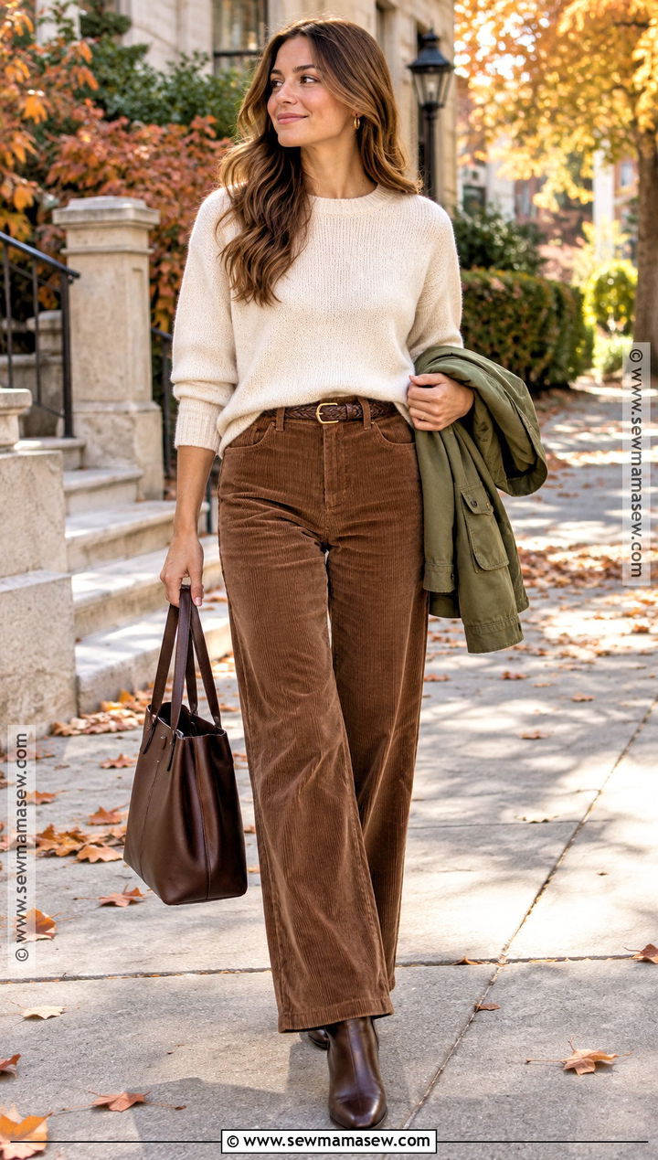 Brown Corduroy Pants and Cream Sweater - 15 Fall Fashion Brown Tones Ideas