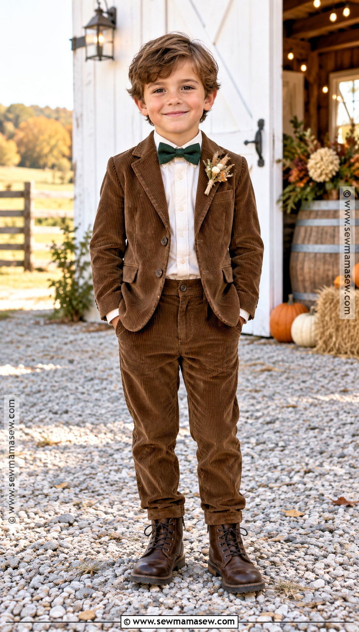 Brown Corduroy Ring Bearer Suit With Cream Shirt - 15 ring bearer outfit fall wedding ideas