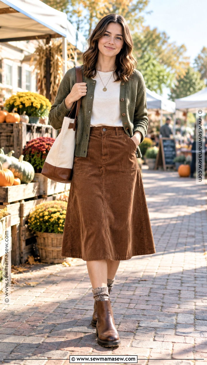 Brown Corduroy Skirt With Knit Cardigan - 15 fall fashion brown skirt ideas
