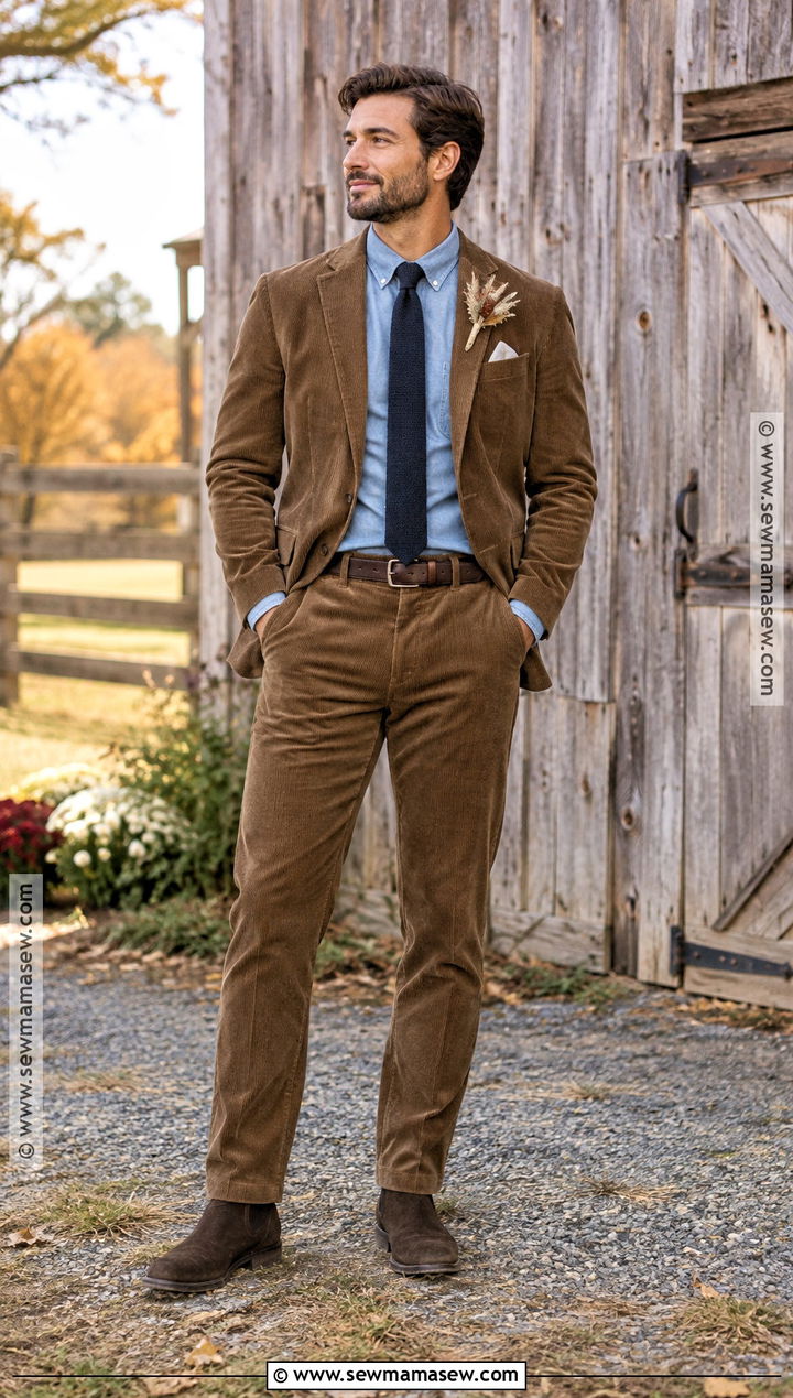 Brown Corduroy Suit Fall Groom Outfit - 15 casual fall groom attire ideas