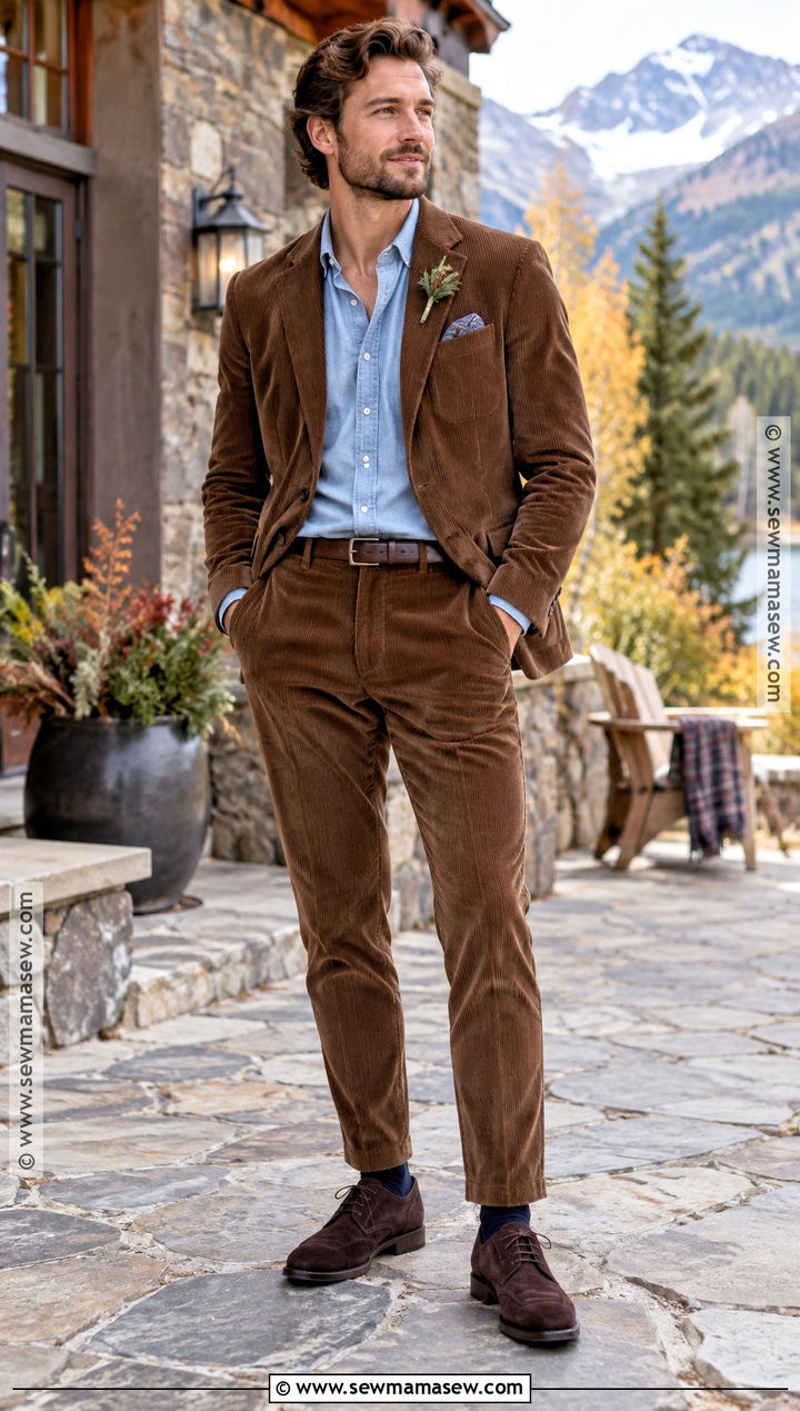 Brown Corduroy Suit With Chambray Shirt - 15 fall casual groom attire ideas