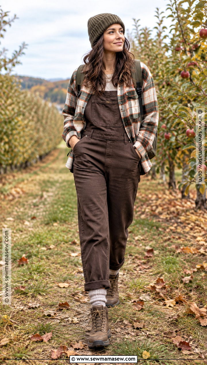 Brown Coverall With Plaid Shacket And Hiking Boots - 15 fall coverall outfit ideas