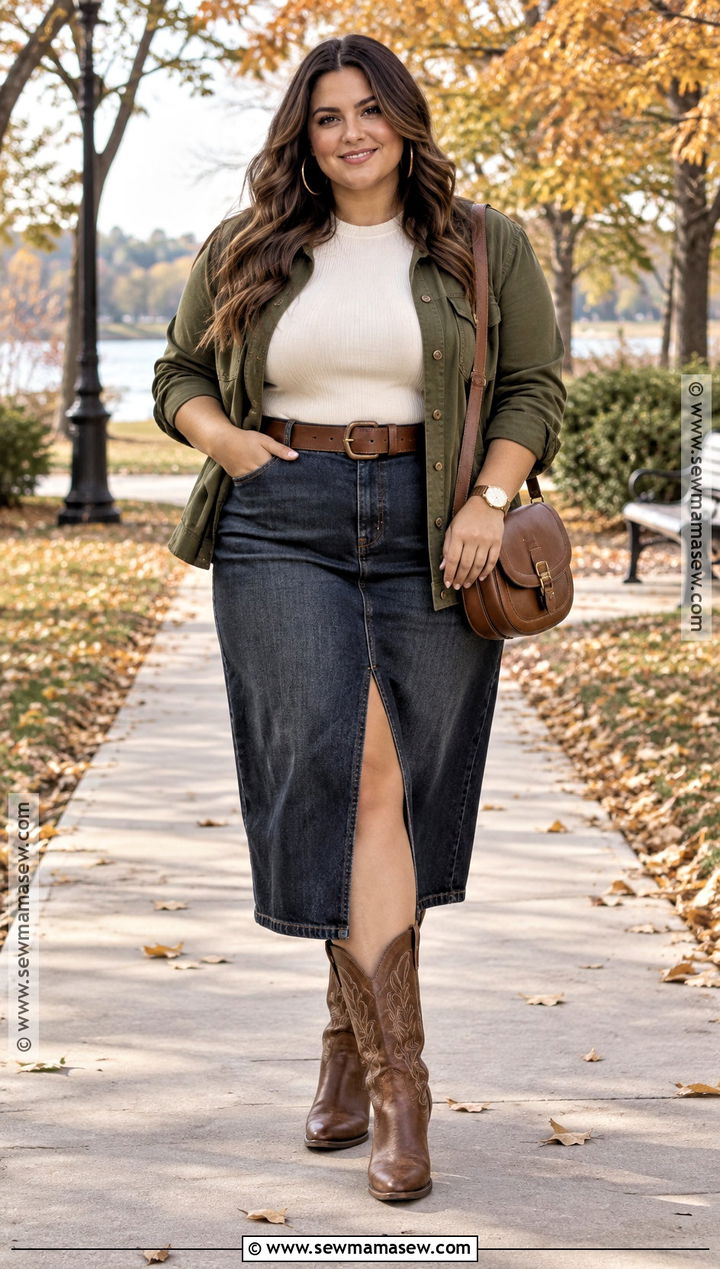 Brown Cowboy Boots With Denim Midi Skirt - 15 brown cowboy boots fall fashion