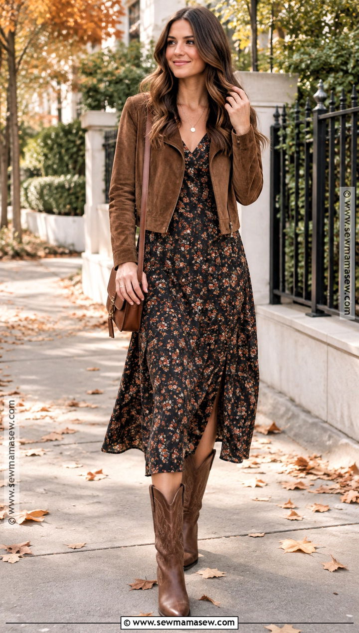 Brown Cowboy Boots With Floral Midi Dress - 20 brown cowboy boots outfit fall