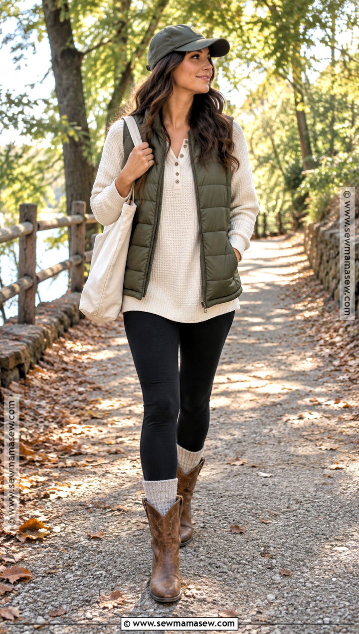 Brown Cowboy Boots With Puffer Vest And Leggings - 20 Cowboy Boot Fall Outfits