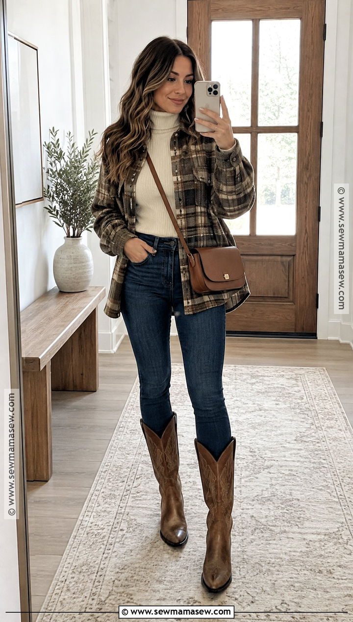 Brown Cowboy Boots With Shacket And Skinny Jeans - 20 brown cowboy boots outfit fall