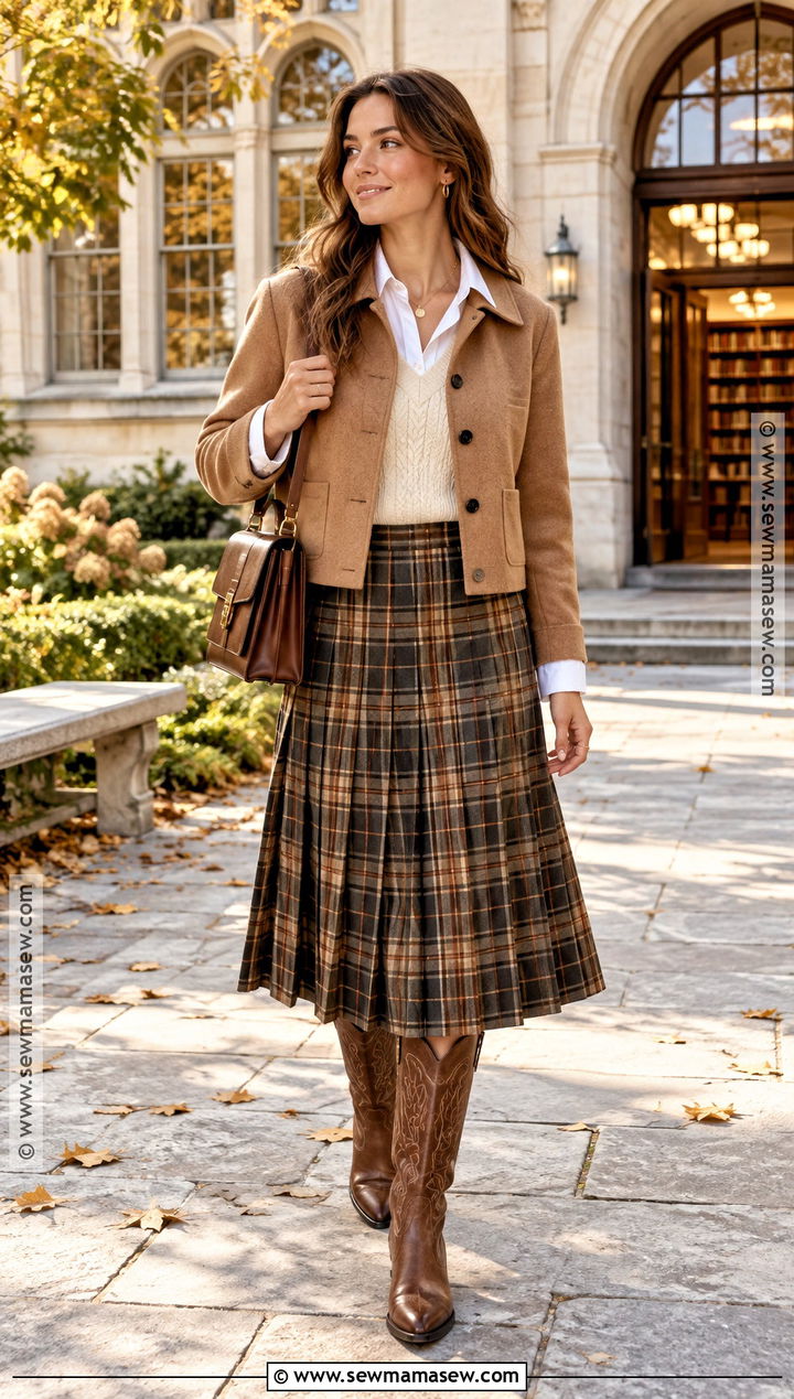 Brown Cowboy Boots With Sweater Vest And Plaid Midi Skirt - 20 Cowboy Boot Fall Outfits