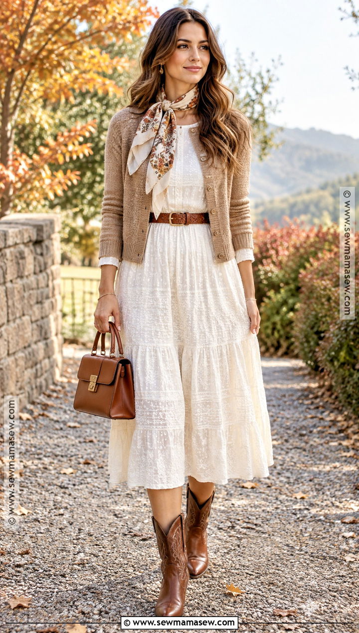 Brown Cowboy Boots With White Midi Dress - 20 brown cowboy boots outfit fall