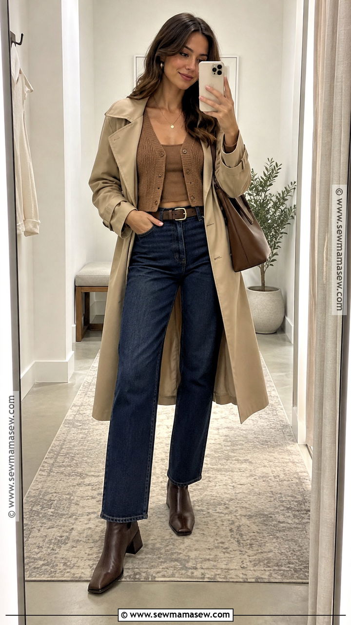 Brown Cropped Cardigan Top With High Waisted Jeans - 20 brown top outfit fall ideas
