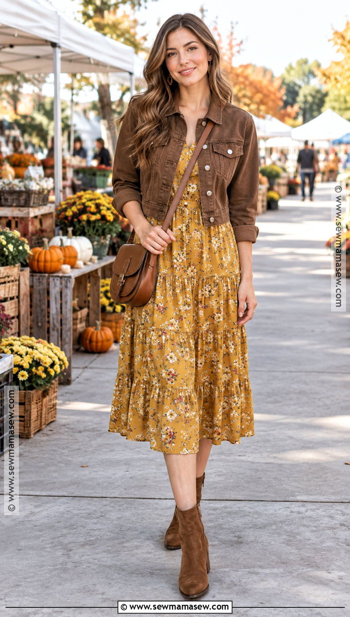 Brown Denim Jacket And Yellow Midi Dress Outfit - 15 Brown And Yellow Fall Fashion Ideas
