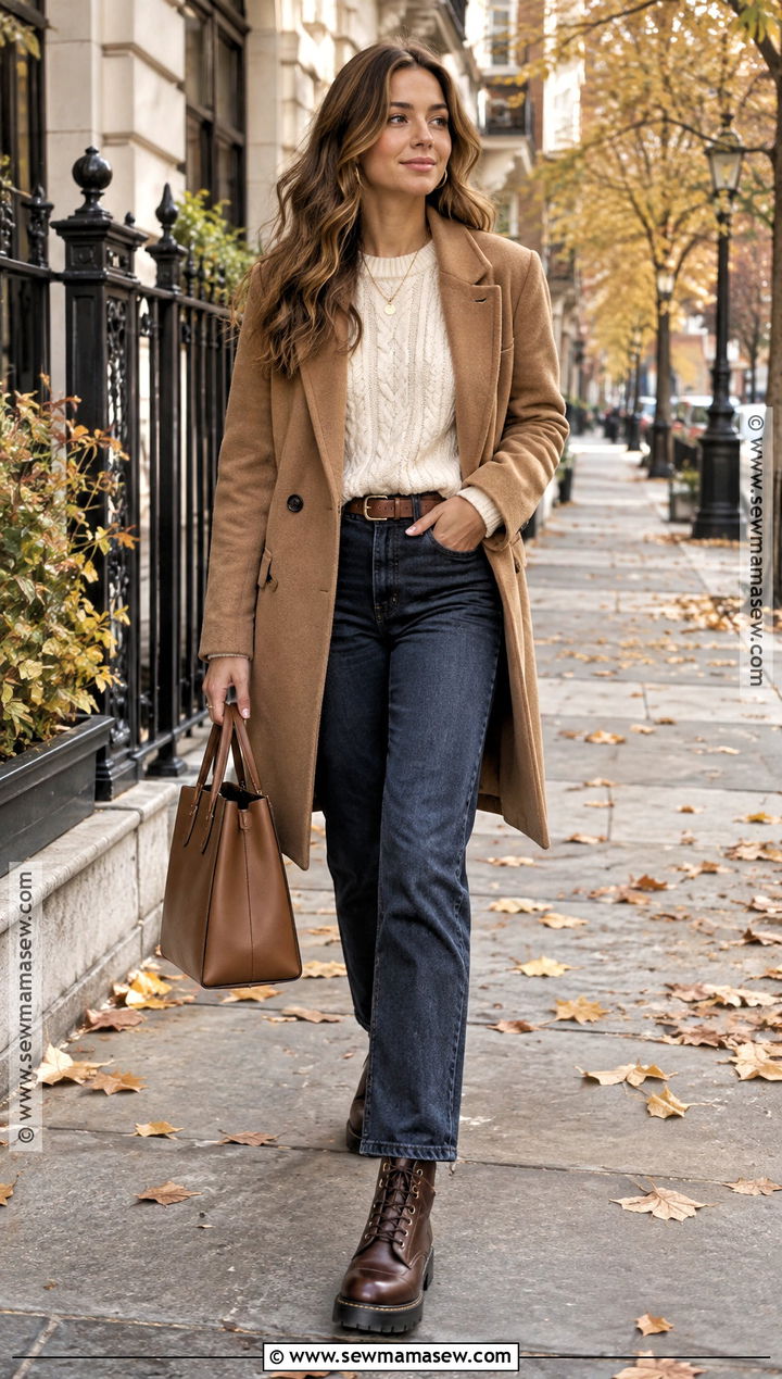 Brown Doc Martens With Cream Knitwear and Jeans - 15 Fall Doc Martin Outfits