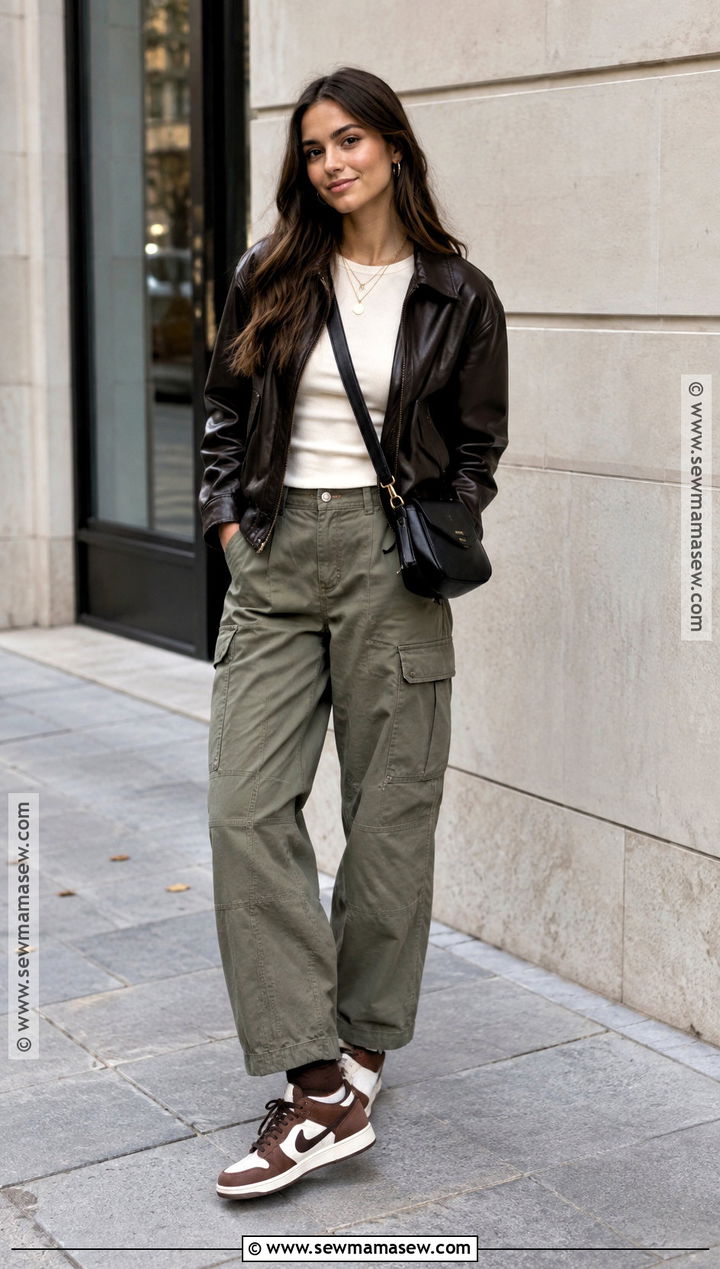 Brown Dunks With Black Leather Jacket And Cargo Pants - 15 brown dunks outfit fall ideas