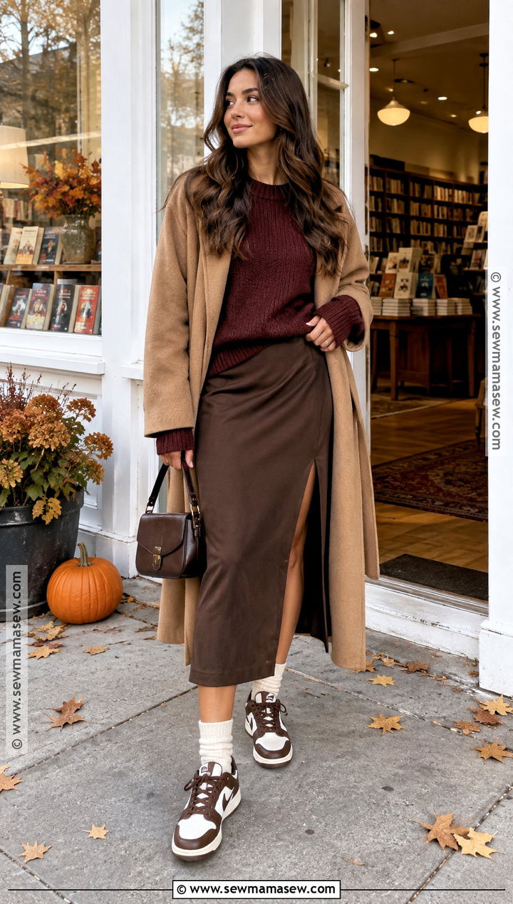 Brown Dunks With Burgundy Sweater And Midi Skirt - 15 brown dunks outfit fall ideas