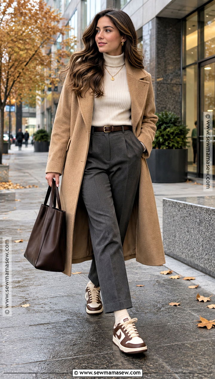 Brown Dunks With Camel Coat And Tailored Trousers - 15 brown dunks outfit fall ideas