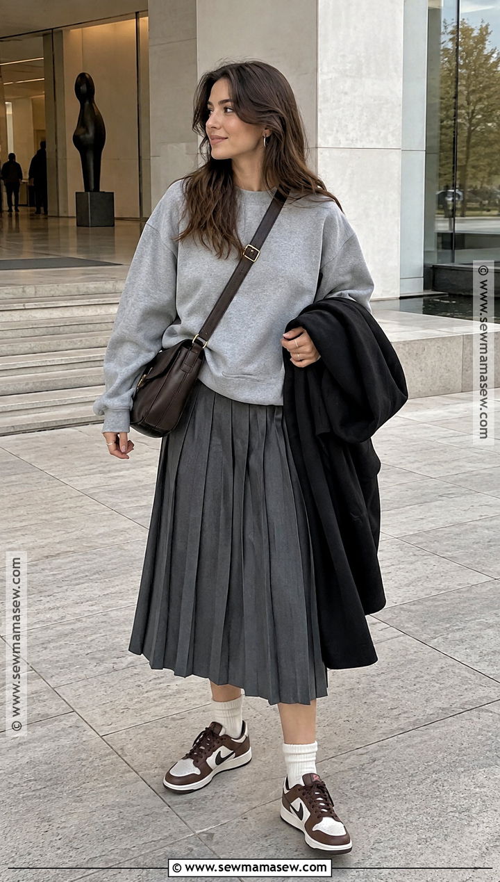 Brown Dunks With Gray Sweatshirt And Pleated Skirt - 15 brown dunks outfit fall ideas