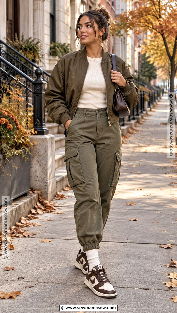 Brown Dunks With Olive Bomber Jacket And Cargos - 15 brown dunks outfit fall ideas