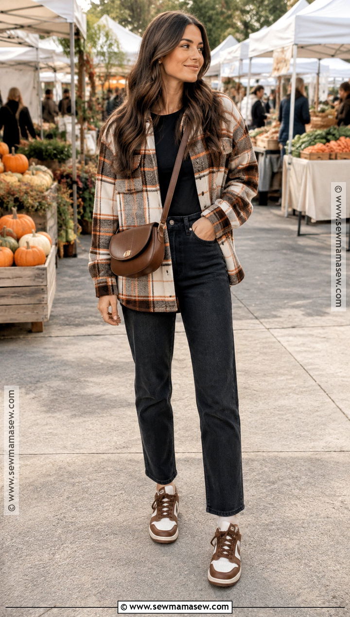 Brown Dunks With Plaid Shacket And Black Jeans - 15 brown dunks outfit fall ideas