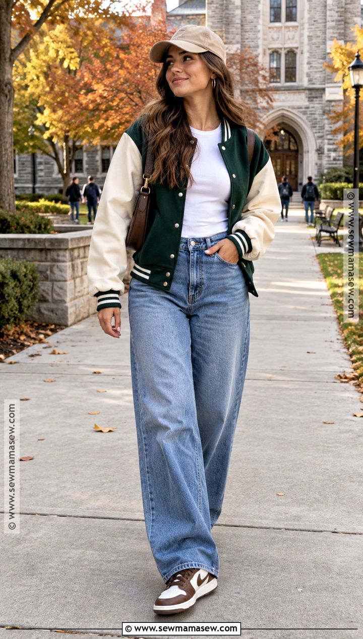 Brown Dunks With Varsity Jacket And Wide Leg Jeans - 15 brown dunks outfit fall ideas
