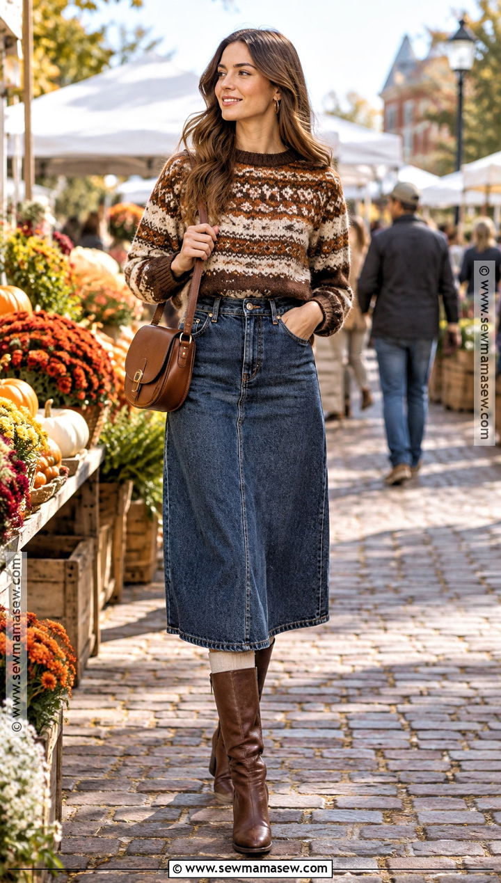 Brown Fair Isle Sweater With Denim Skirt - 15 Autumn Brown Knitwear Ideas