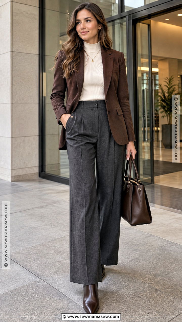 Brown Fitted Jacket With Tailored Trousers - 20 Brown Jacket Fall Outfit Ideas