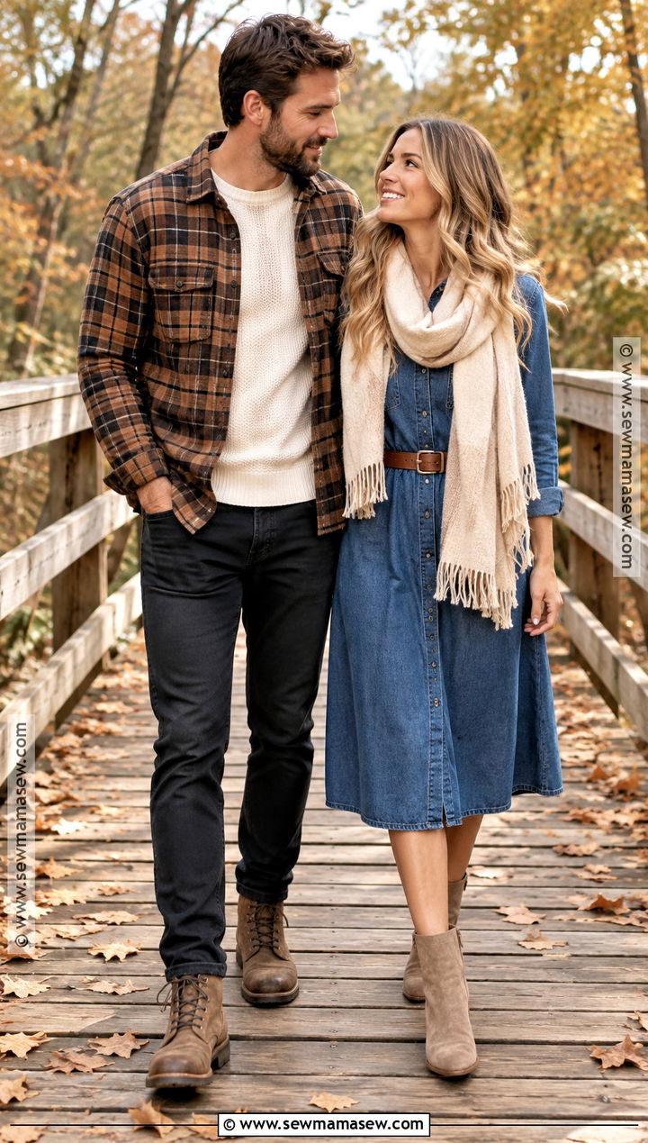 Brown Flannel And Denim Dress Couples Outfit - 15 couples fall photoshoot outfits flannel