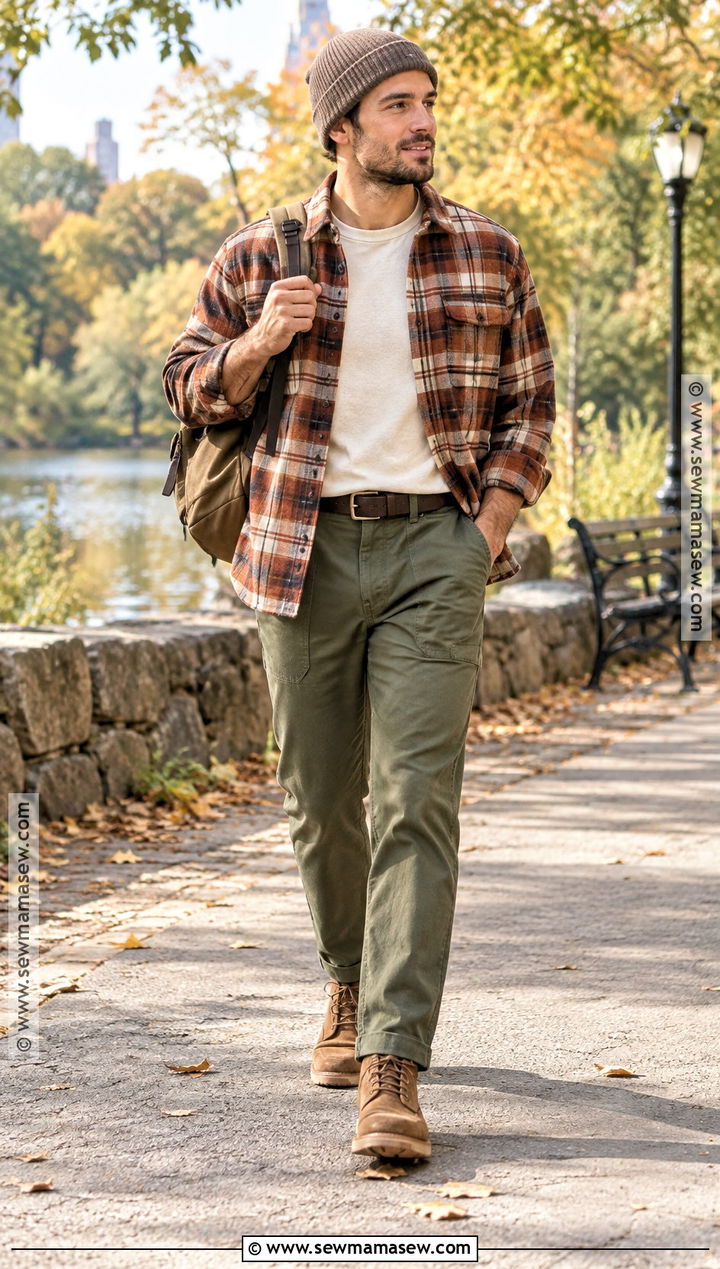 Brown Flannel Outfit With Olive Pants - 15 flannel outfits men fall