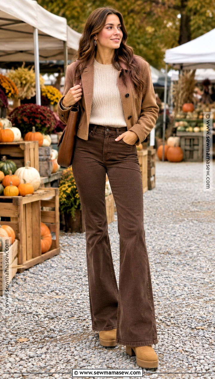 Brown Flare Jeans With a Cream Knit and Clogs - 20 flair jeans outfit fall