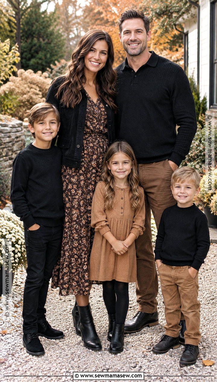 Brown Floral Dress And Black Jacket Family Outfit - 15 fall family pictures outfits black and brown
