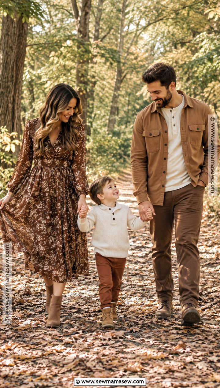 Brown Floral Dress and Tan Separates Fall Family Photoshoot Outfit - 15 fall photoshoot outfits family of 3