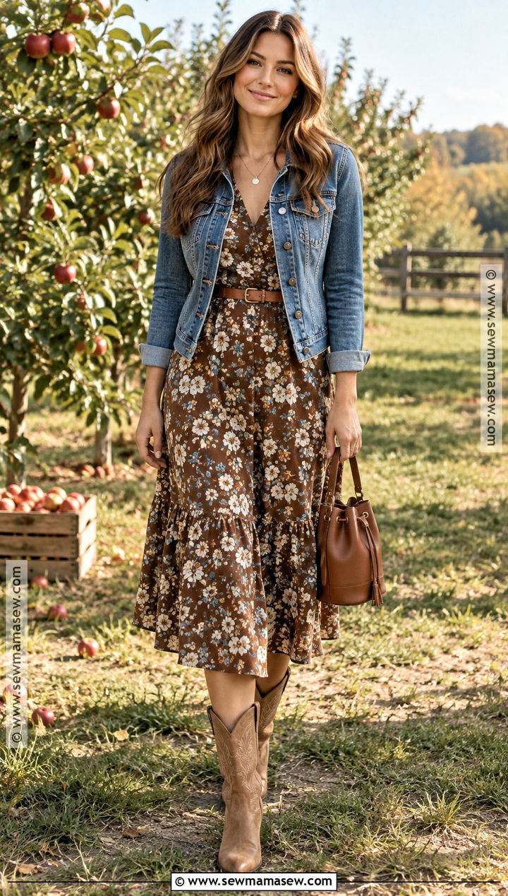Brown Floral Fall Country Dress With Denim Jacket - 15 Fall Country Dresses