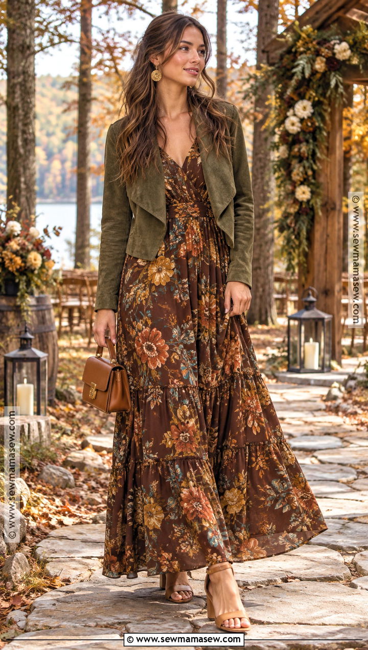 Brown Floral Maxi Fall Wedding Guest Dress - 20 casual fall wedding guest dress ideas