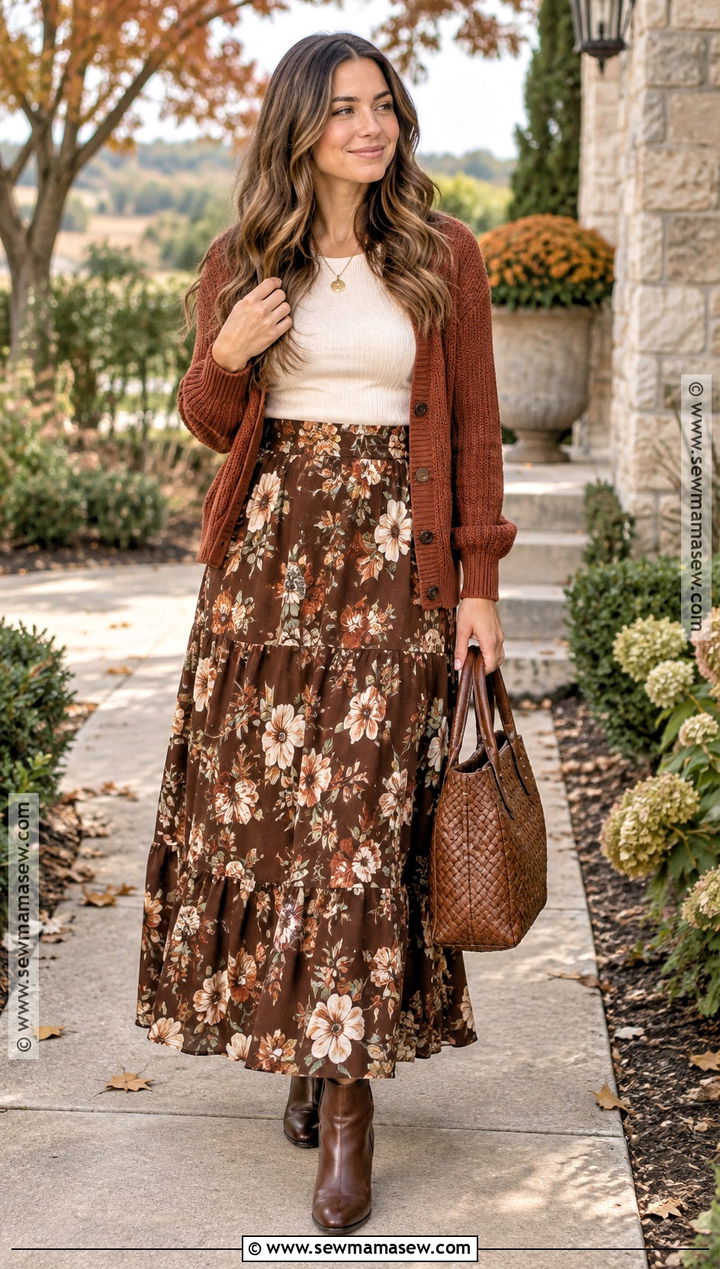 Brown Floral Maxi Skirt With Rust Cardigan And Ankle Boots - 25 brown skirt fall outfit ideas