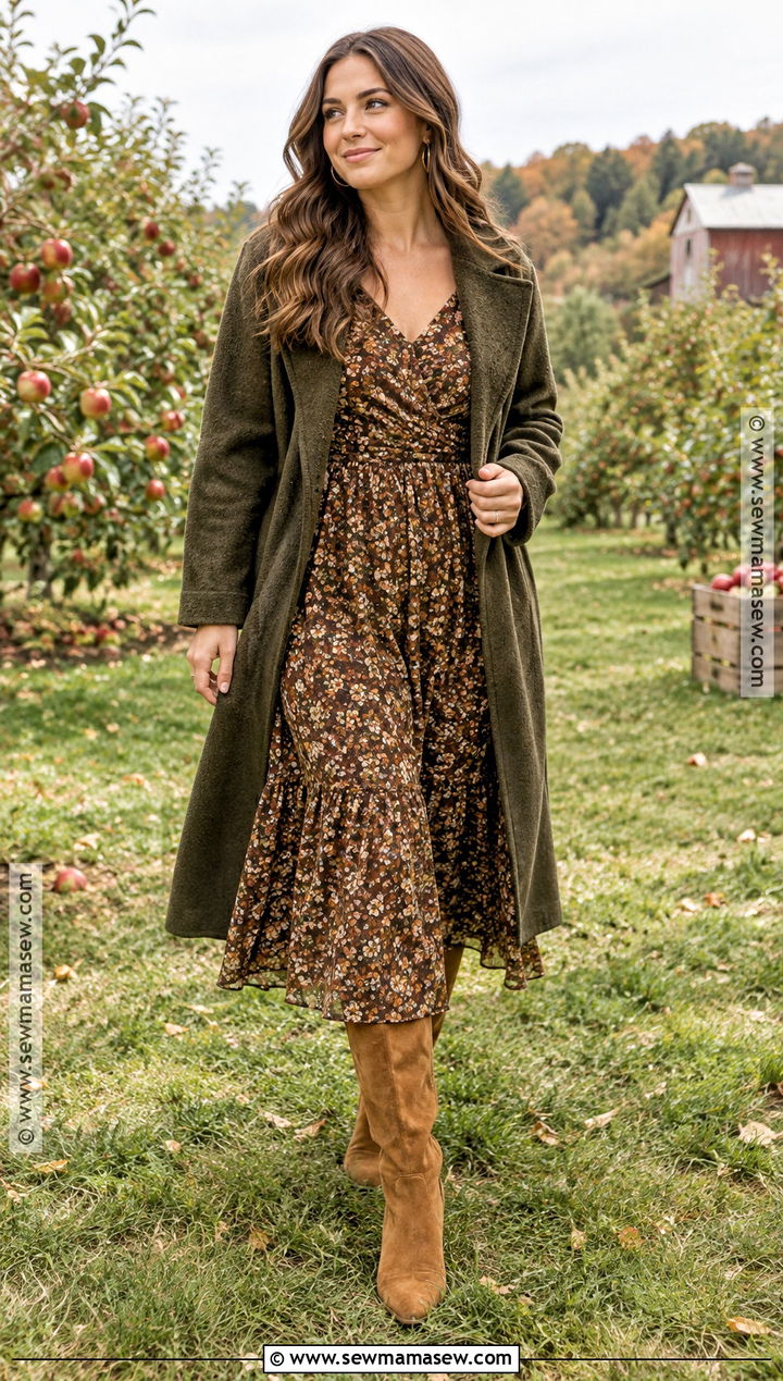 Brown Floral Midi Dress With Suede Boots - 15 fall engagement pictures dress ideas