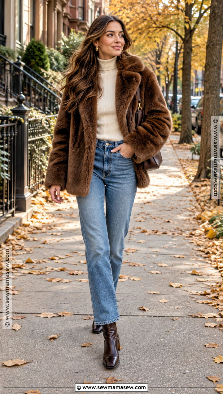 Brown Fur Coat With Straight Leg Jeans - 15 fall fur coat outfit ideas